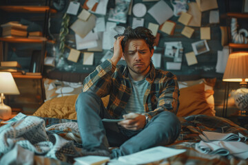 Obraz premium Photo of a stressed-out man sitting on his bed with scattered papers all over the room.