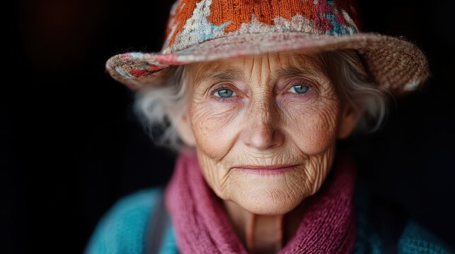 An elderly woman wearing a colorful hat and scarf, with slight smile and detailed facial features, radiating warmth, friendliness and a sense of nostalgia.