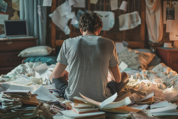 Fototapeta premium Photo of a stressed-out man sitting on his bed with scattered papers all over the room.