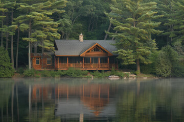 Fototapeta premium Lakeside cabins nestled among towering pines. The image is reflected in the calm waters.