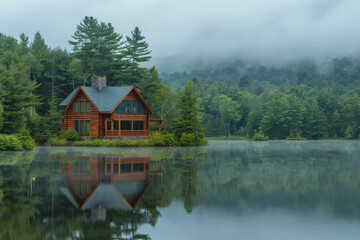 Obraz premium Lakeside cabins nestled among towering pines. The image is reflected in the calm waters.