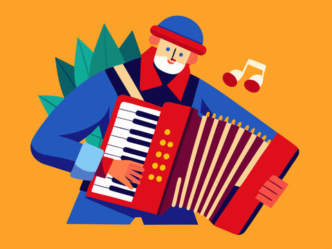 red accordion player, blue outfit, orange background clip art preview