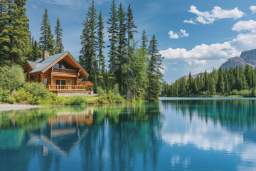 Lakeside cabins nestled among towering pines. The image is reflected in the calm waters.