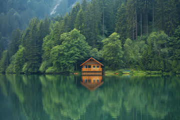 Obraz premium Lakeside cabins nestled among towering pines. The image is reflected in the calm waters.