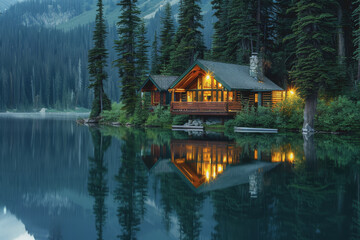 Fototapeta premium Lakeside cabins nestled among towering pines. The image is reflected in the calm waters.
