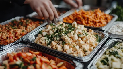 Obraz premium Multiple aluminum trays filled with assorted vegetable salads, showcasing a colorful display of appetizing and nutritious meal options, arranged for a buffet or catering service.