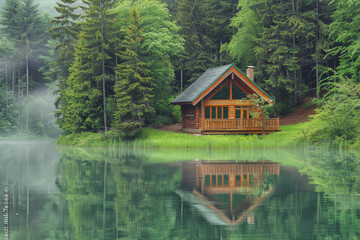 Lakeside cabins nestled among towering pines. The image is reflected in the calm waters.