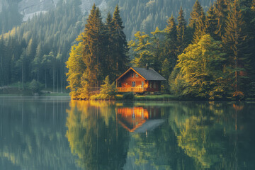 Obraz premium Lakeside cabins nestled among towering pines. The image is reflected in the calm waters.