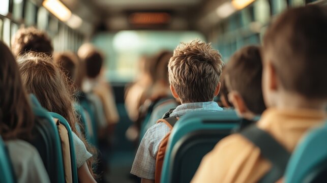 A group of students, with focus on one boy in the middle, are seated in rows inside a school bus, all wearing backpacks and enjoying the outing trip together.