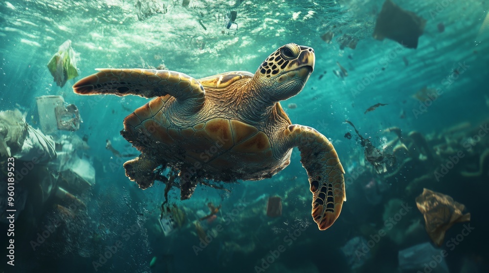 Wall mural hyperrealistic close-up of sea turtles swimming just below a trash-strewn sea surface with floating 