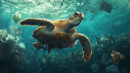 Hyperrealistic close-up of sea turtles swimming just below a trash-strewn sea surface with floating debris and polluted water highlighting the environmental impact on marine life