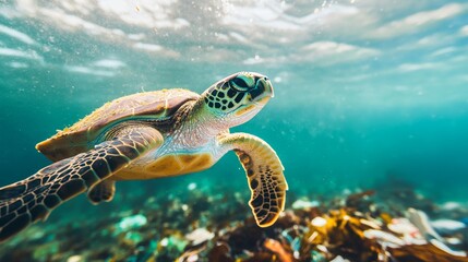 Fototapeta premium Sea turtle swimming through a polluted ocean with a close-up focus on the trash-filled surface and the turtle's detailed features highlighting environmental concerns