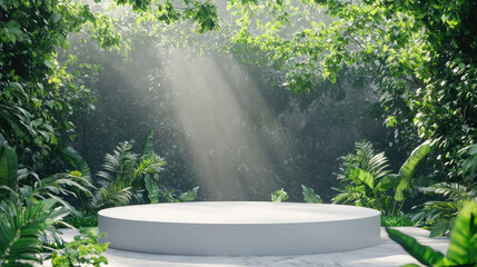 A stylish white 3D podium positioned against a vibrant green forest, blending minimalistic design with natural beauty for a striking and modern visual.