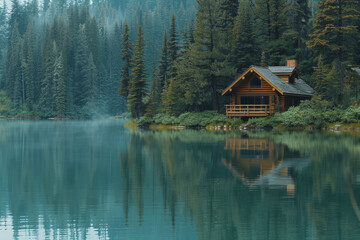 Obraz premium Lakeside cabins nestled among towering pines. The image is reflected in the calm waters.
