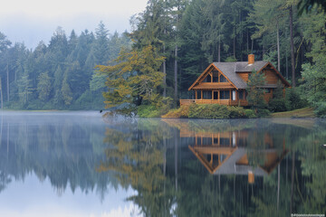 Fototapeta premium Lakeside cabins nestled among towering pines. The image is reflected in the calm waters.