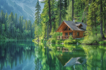 Lakeside cabins nestled among towering pines. The image is reflected in the calm waters.