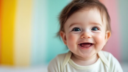 A close-up of a smiling baby with a rainbow-colored background, dressed in a light-colored outfit. The joyful expression highlights the innocence and happiness of early childhood.