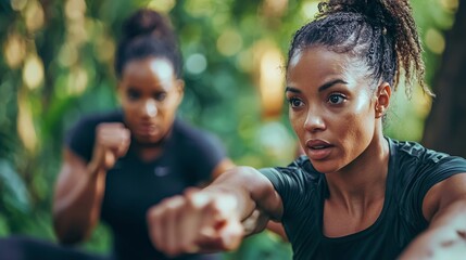 A health coach guiding a client through a workout, outdoor exercise with motivational support