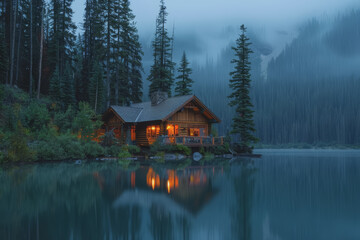 Fototapeta premium Lakeside cabins nestled among towering pines. The image is reflected in the calm waters.