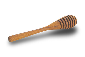 High angle view of single wooden honey dipper isolated on white background with clipping path.