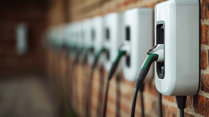A series of electric vehicle charging stations aligned along a brick wall, ready for use, highlighting the infrastructure for electric transport and green energy adoption.