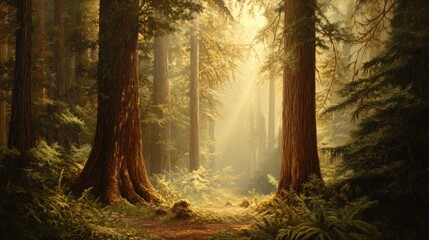 Sunlight Filtering Through Redwood Forest