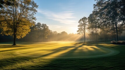 Fototapeta premium Serene empty golf course at sunrise, with dew-covered greens and long shadows, awaiting the first players of the day.
