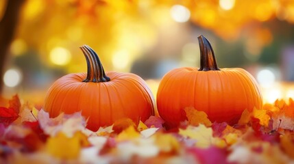Naklejka premium Colorful Fall Maple Leaves and Pumpkins