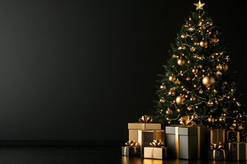 Elegant Christmas Tree with Gold Ornaments and Gifts