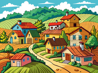 Village houses and farmland. color sketch drawn by hand