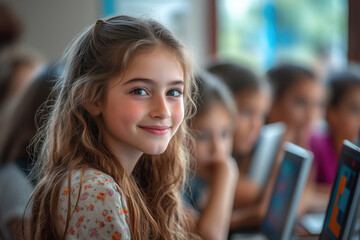 Boys and Girls Learning Coding Together in a Classroom with Focus on Gender Equality in STEM, Encouraged by Female Teacher