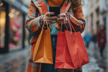 Obraz premium Photo of A Woman using smartphone with shopping bags in her hands.
