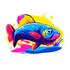 Colorful illustration of a fish with bright blue, yellow, red and pink colors.