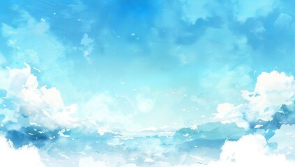 Fototapeta premium Vibrant blue watercolor sky with clouds on the horizon
