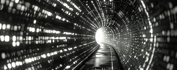 A mesmerizing black and white tunnel leading towards a bright light, creating a sense of depth and mystery.