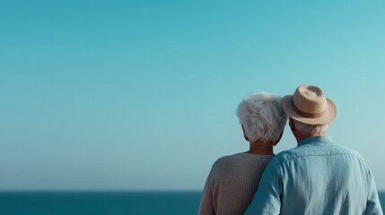 An elderly couple embracing each other while gazing at the horizon over the sea, capturing a heartfelt moment of love, unity, and reflection in a tranquil outdoor setting.