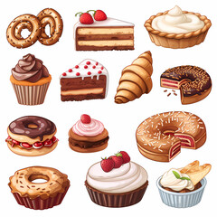 Various of sweets and desserts set and collection. chocolate cake, cupcakes, red velvet cake, apple pie, macarons, pretzel, donut, pastries, muffin, cookies, croissant. Bakery sweets isolated on white