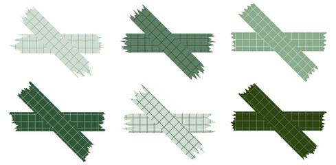 Set of paper sheets isolated on white. Pieces of decorative tape for scrapbooks. Washi tapes collection in vector. Ripped paper. Torn pieces of paper from a notebook in a cell. Green ribbons