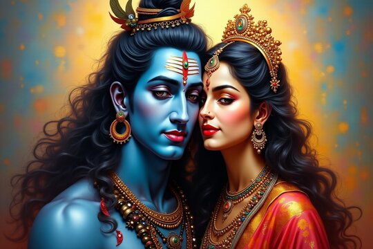 Portrait of Lord Shiva and Goddess Parvati, oil painting.