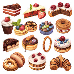 Various of sweets and desserts set and collection. chocolate cake, cupcakes, red velvet cake, apple pie, macarons, pretzel, donut, pastries, muffin, cookies, croissant. Bakery sweets isolated on white