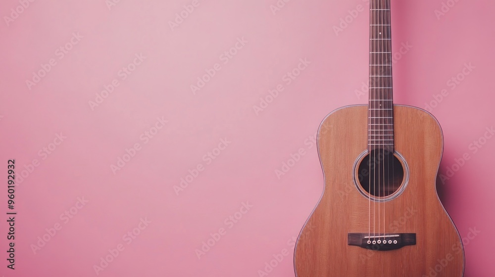 Sticker A wooden acoustic guitar leaning against a pink wall, emphasizing music and creativity.