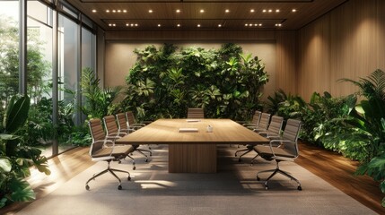 Fototapeta premium A modern meeting room with a large wooden table, featuring lush green plants in the corner for a refreshing ambiance.
