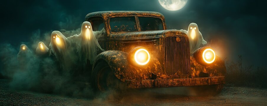 A haunted vintage car driving through a misty landscape, illuminated by glowing headlights under a full moon.