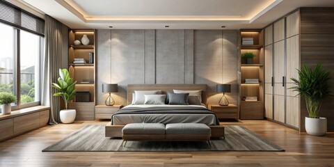 Modern bedroom interior with sleek furniture and minimalistic design