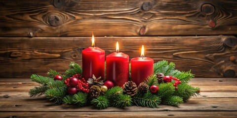 Festive second advent wreath with two red burning candles on wooden background, creating a warm and cozy holiday atmosphere