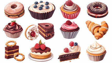 Various of sweets and desserts set and collection. chocolate cake, cupcakes, red velvet cake, apple pie, macarons, pretzel, donut, pastries, muffin, cookies, croissant. Bakery sweets isolated on white