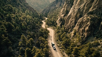 A winding road through a mountainous landscape with a truck navigating the curves.