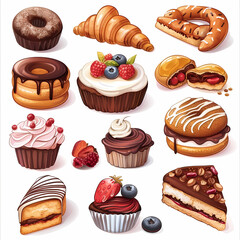 Various of sweets and desserts set and collection. chocolate cake, cupcakes, red velvet cake, apple pie, macarons, pretzel, donut, pastries, muffin, cookies, croissant. Bakery sweets isolated on white
