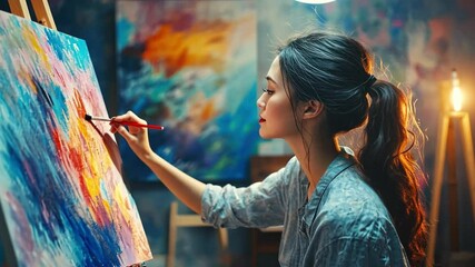 A woman painting abstract art in her home studio, representing creative expression as a form of emotional release and mental health care.