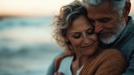 A senior couple sharing an intimate embrace as they stand by the beach, with serene expressions on their faces, capturing a moment of deep connection and love beside the ocean.